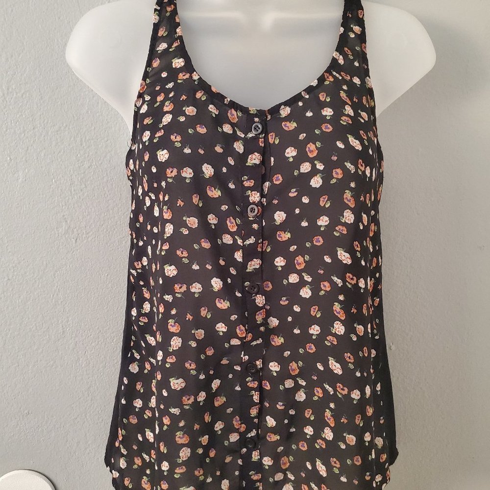 Black Floral Sheer Tank Top Size Small